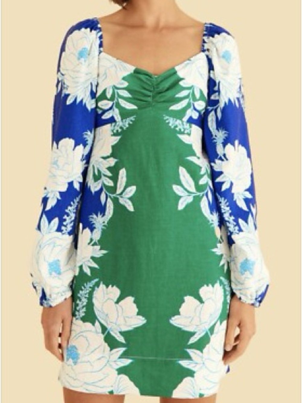Farm Rio Soft Linen Green & Blue Floral Long-Sleeve Mini Dress